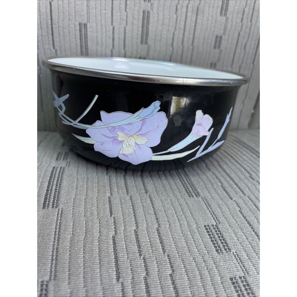 Vintage Mikasa Black Charisma Iris Floral Enamel Metal Nesting Bowl (one) No Lid